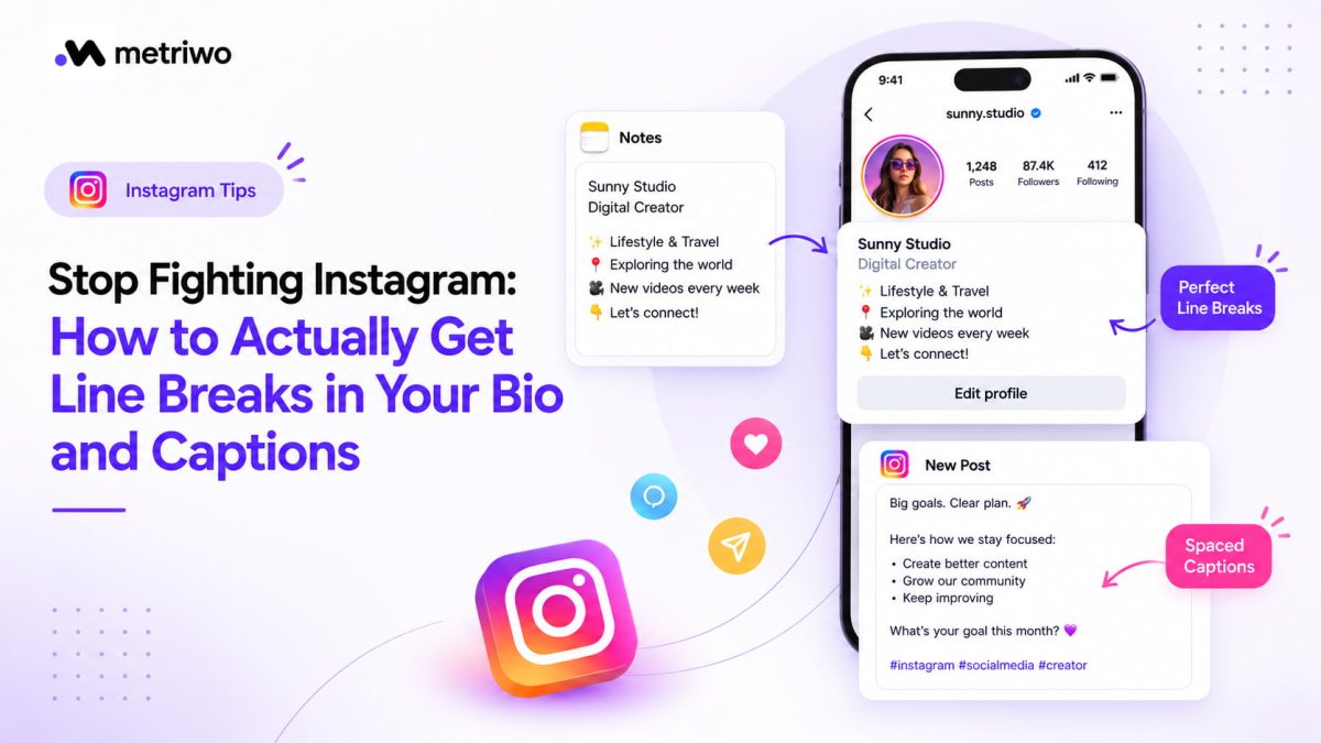 Step-by-step guide showing how to add line breaks in Instagram bio and captions using Metriwo