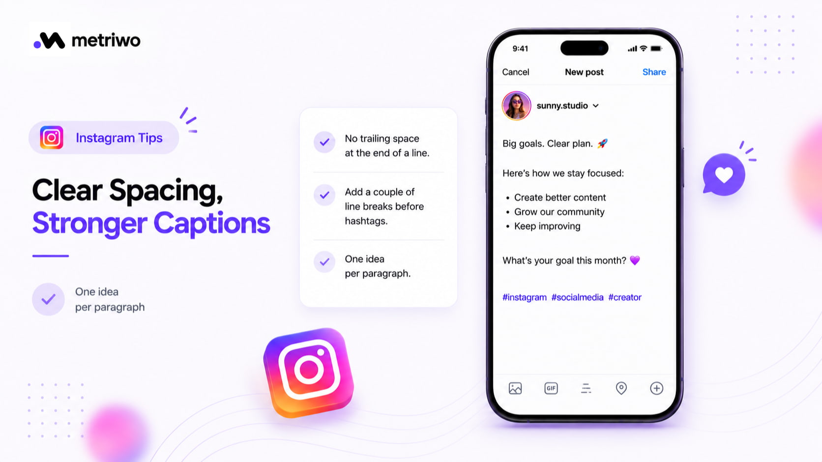Three tips for clear Instagram caption spacing: no trailing spaces, line breaks before hashtags, and one idea per paragraph