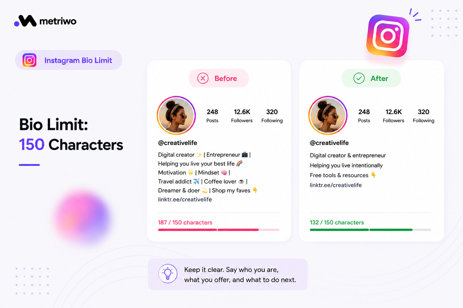Before and after comparison of Instagram bio showing 187 characters over limit vs 132 characters within the 150 character limit