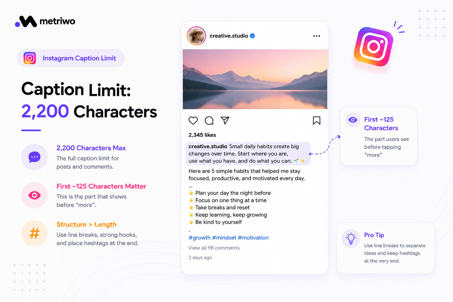 All Instagram limits at a glance showing bio 150 characters caption 2200 characters username 30 characters and up to 30 hashtags