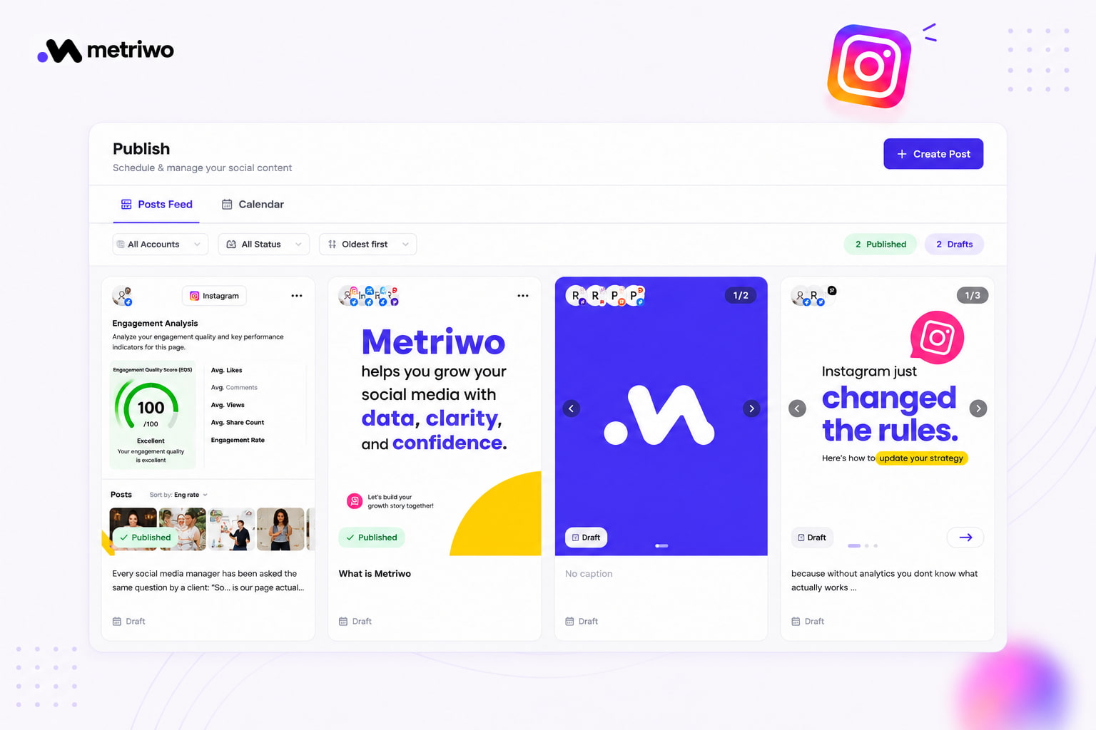 All major Instagram limits including bio 150 caption 2200 comment 2200 username 30 and hashtags up to 30 shown alongside a creative studio profile