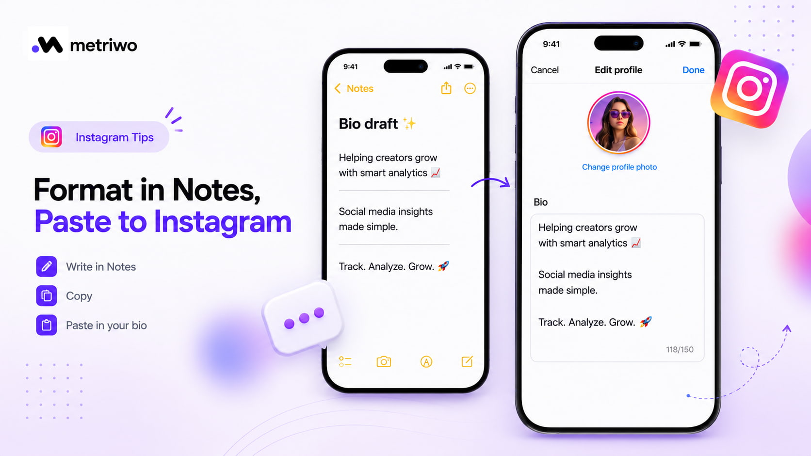 How to format Instagram bio with line breaks by writing in Notes app and pasting directly into Instagram profile editor