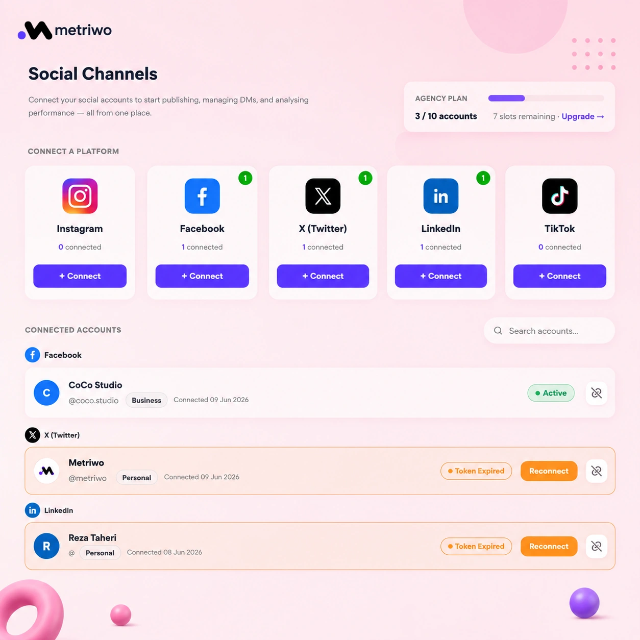 Metriwo Social Channels dashboard for connecting and managing Instagram and other social media accounts