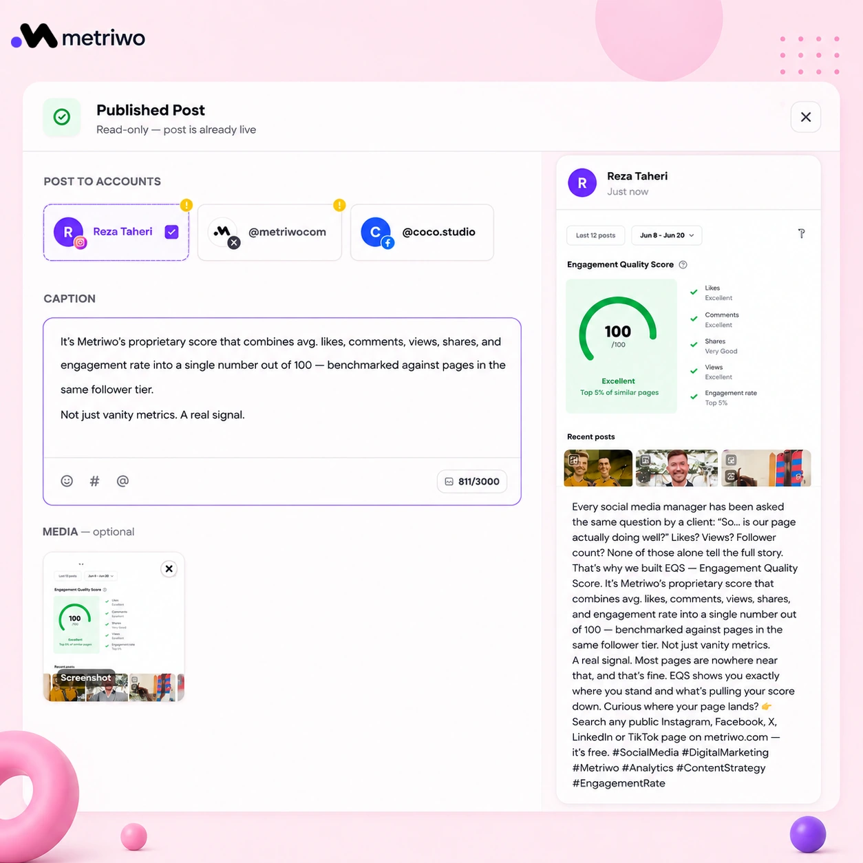 Metriwo post creation interface showing connected social accounts, caption editor, media upload, and post preview