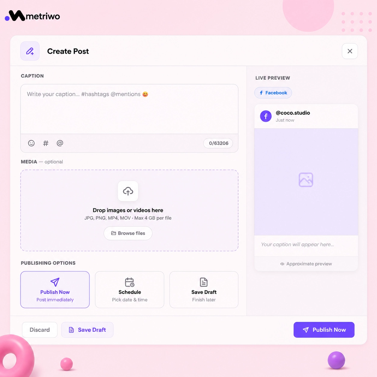 Metriwo Create Post dashboard showing caption editor, media upload, live preview, and post scheduling options