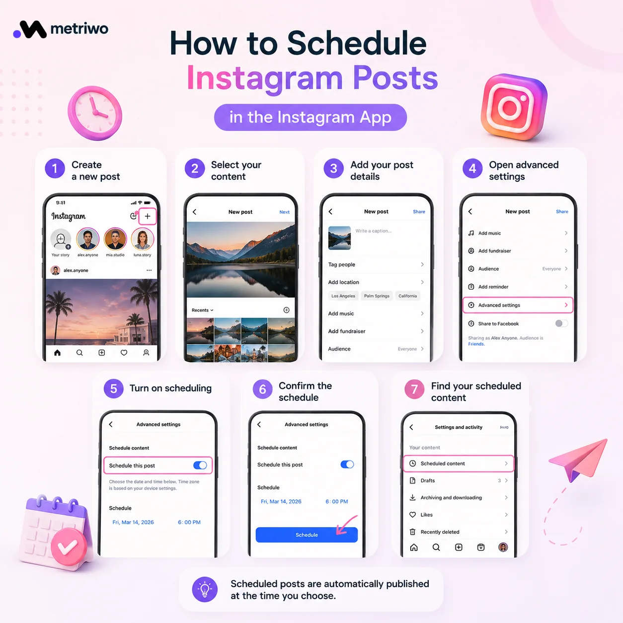 Step-by-step guide showing how to schedule Instagram posts directly in the Instagram app using advanced settings