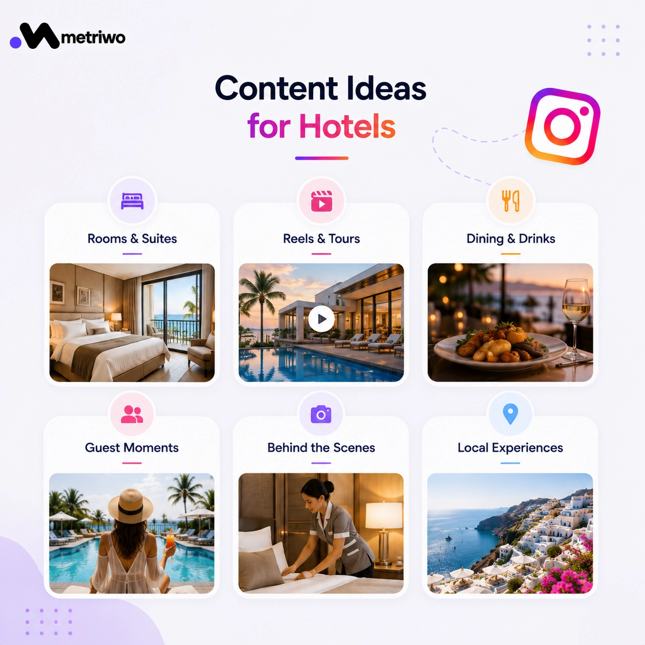 Instagram content ideas for hotels including rooms, Reels, dining, guest moments, behind the scenes, and local experiences