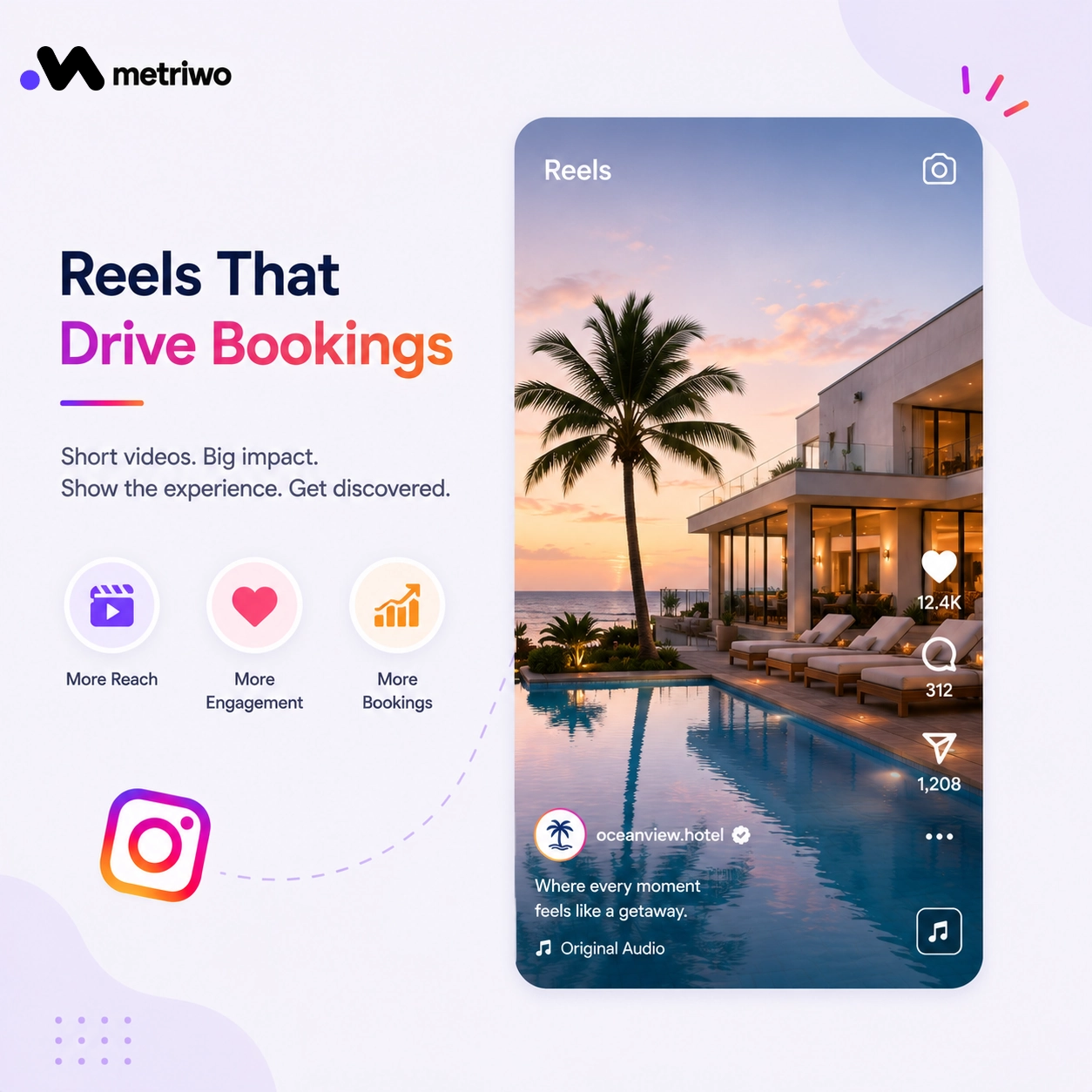 Instagram Reels marketing for hotels showing a resort video and performance metrics to reach travelers and drive bookings