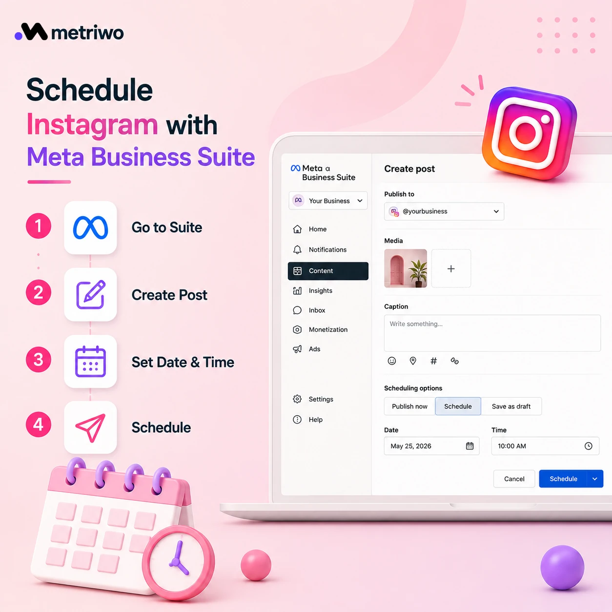 Meta Business Suite screen showing four simple steps to schedule an Instagram post