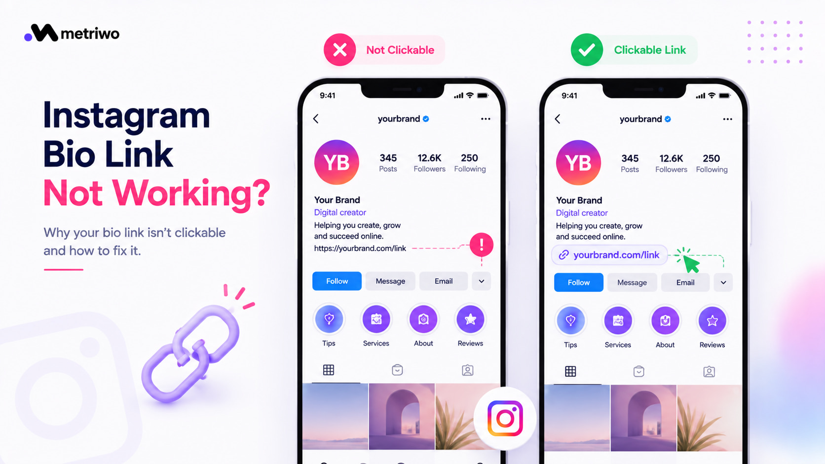 Instagram bio link not working comparison showing a broken link and a working clickable bio link