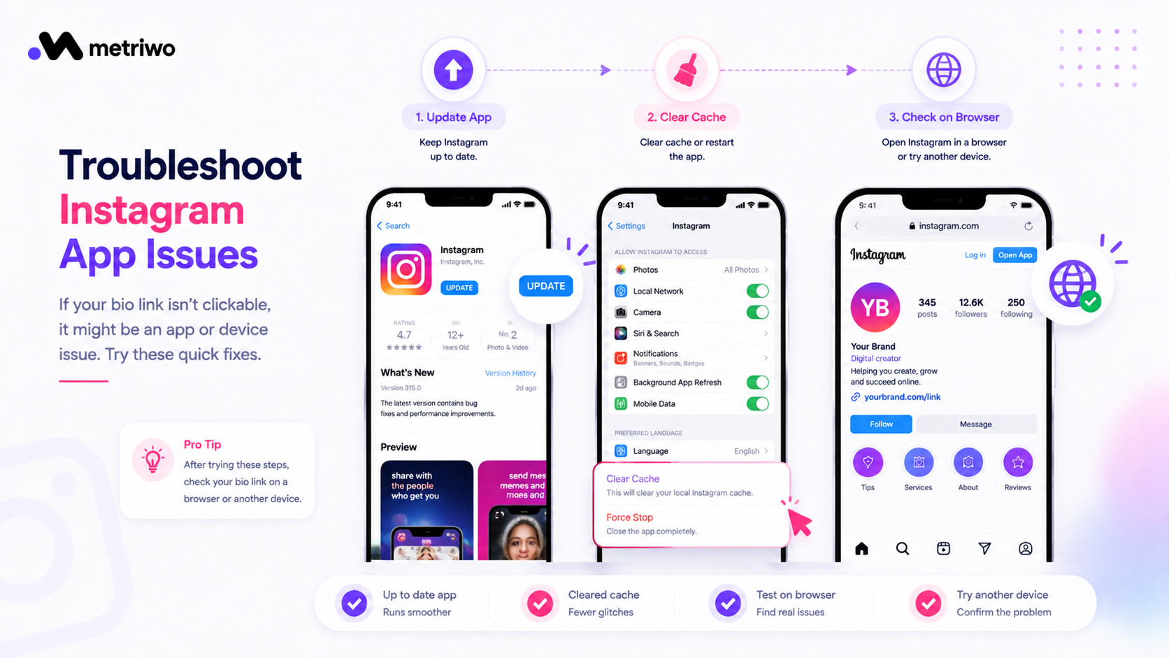 Steps to fix an Instagram bio link not working by updating the app, clearing cache, and checking Instagram in a browser
