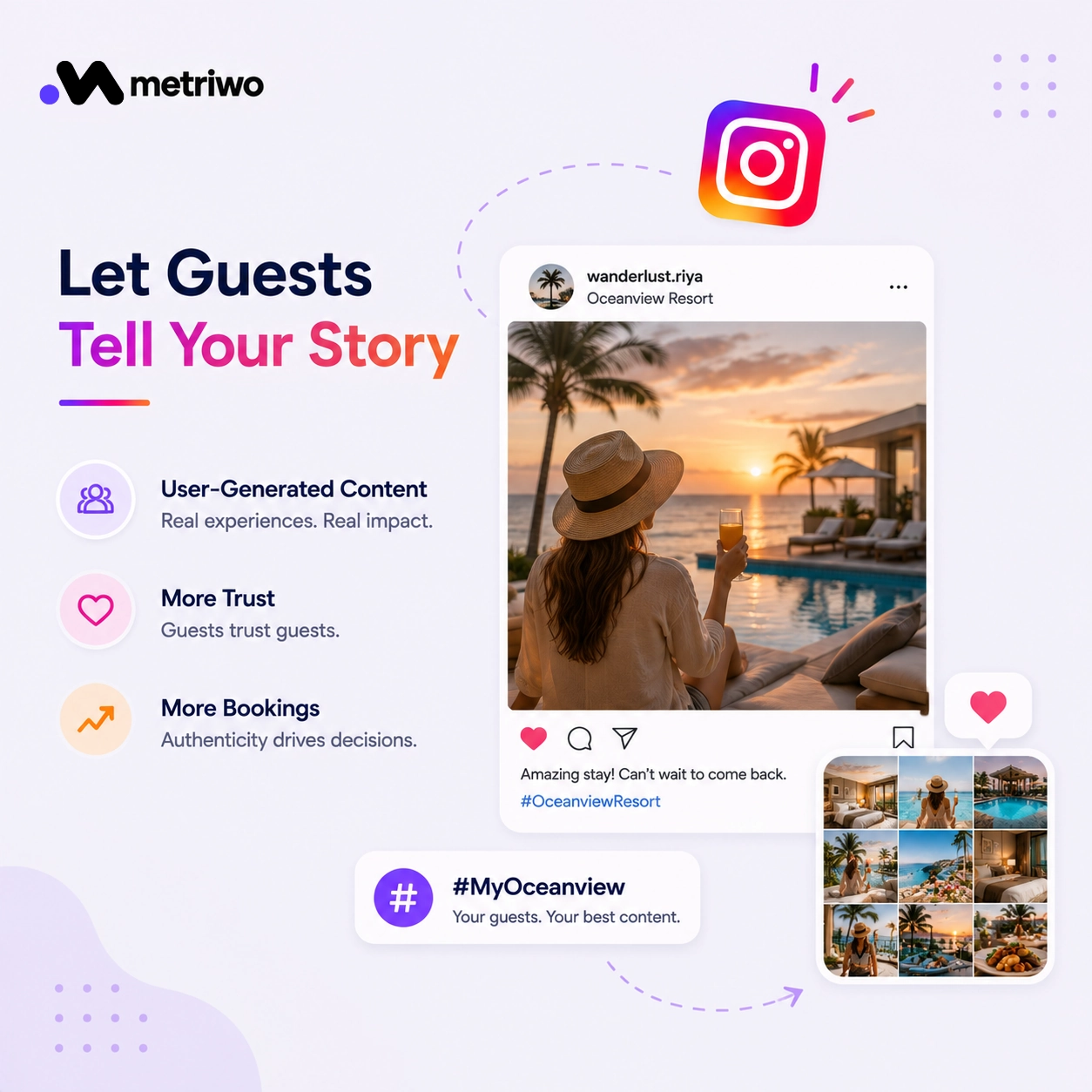Hotel guest creating user-generated Instagram content during a resort stay to build trust with potential travelers
