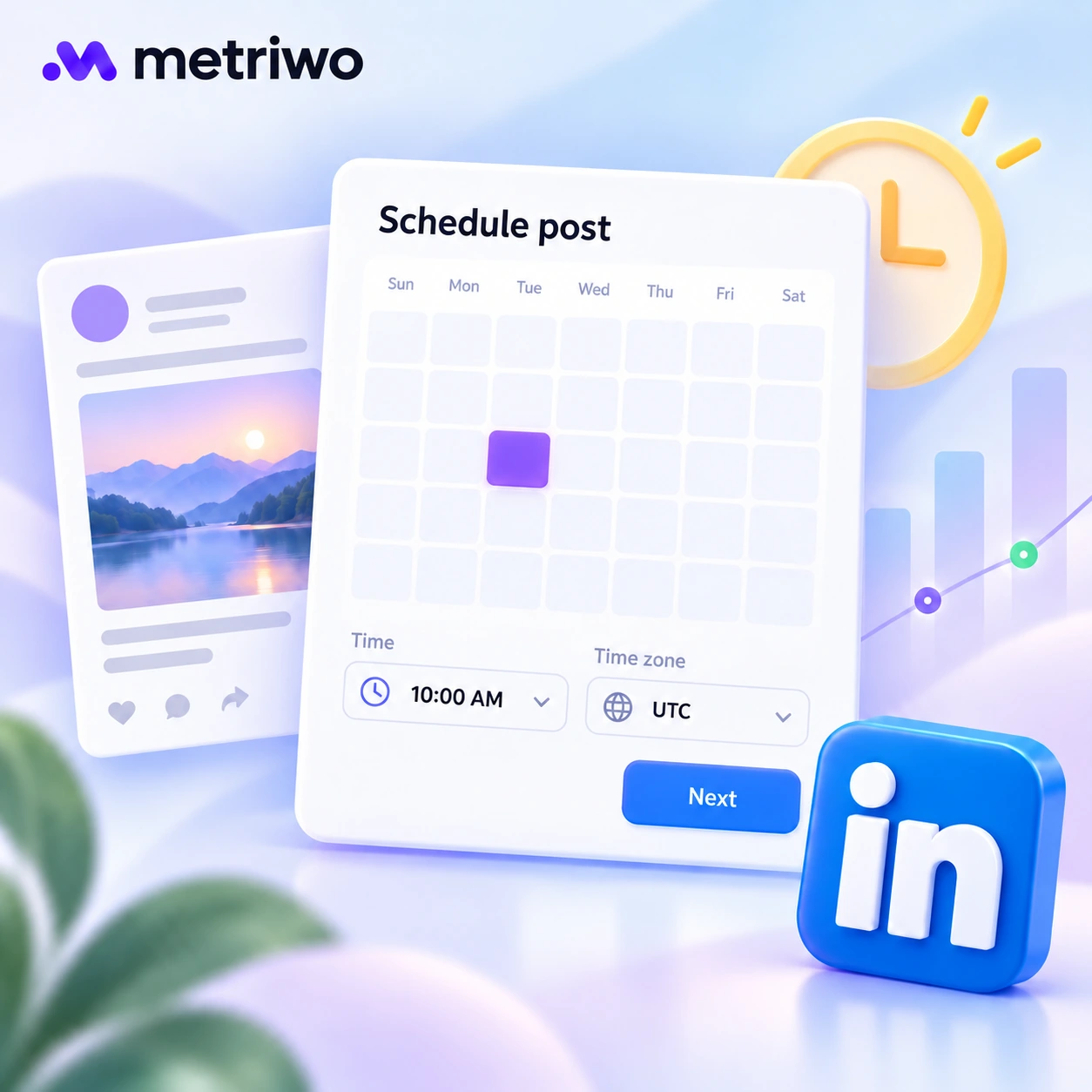 Conceptual LinkedIn scheduling panel with a calendar, publishing time, and time zone.