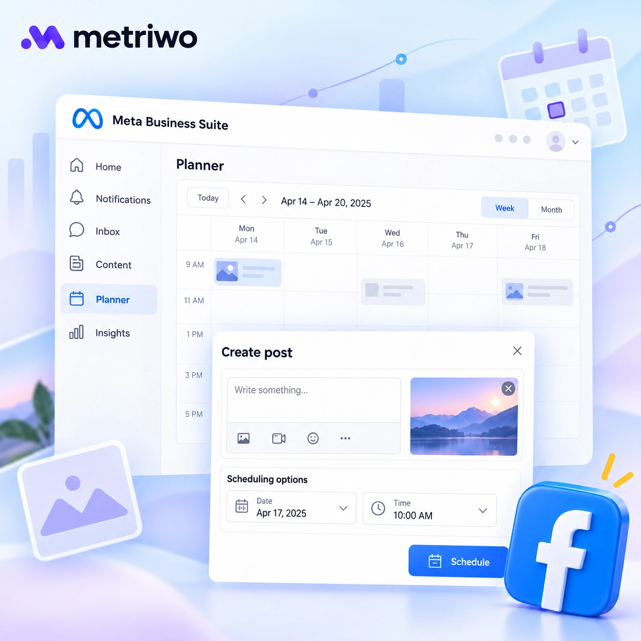 Illustrated Meta Business Suite Planner with a Facebook post composer and date and time scheduling options.