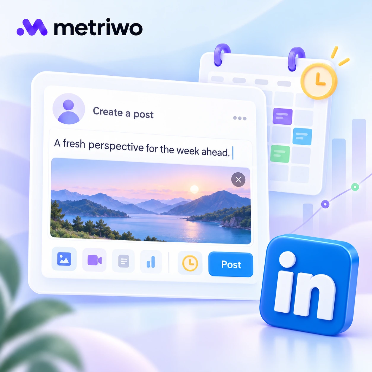 Personal profile and Company Page cards beside clocks and a LinkedIn content calendar.