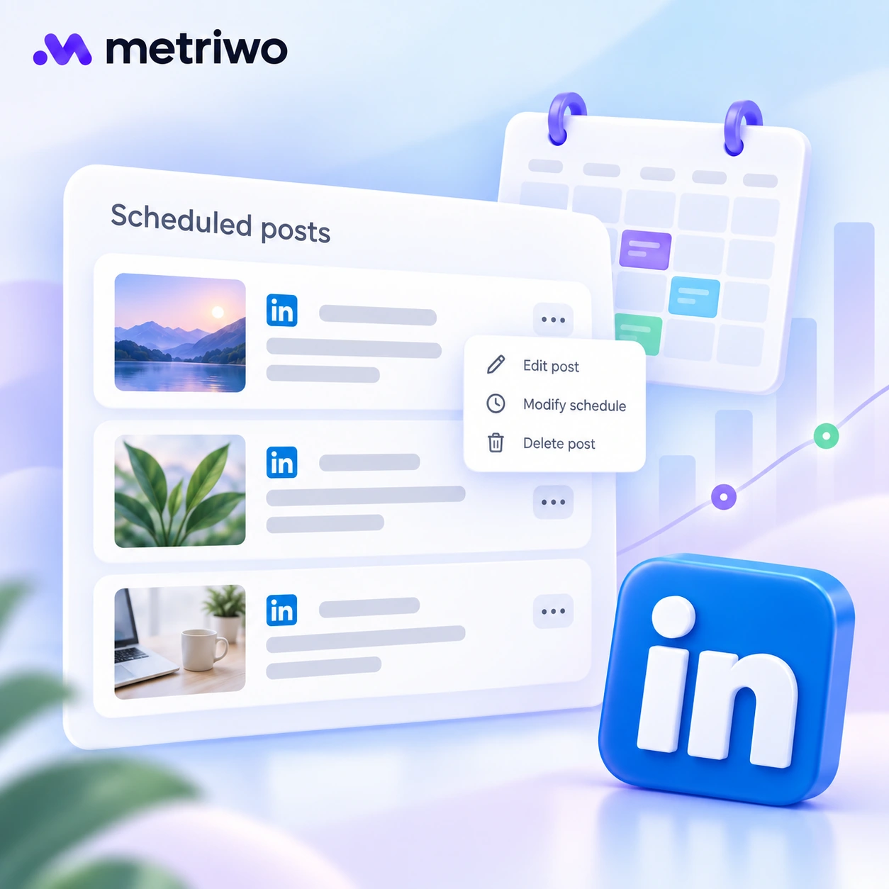 Illustrative LinkedIn scheduled post list with options to edit, reschedule, or delete a post.
