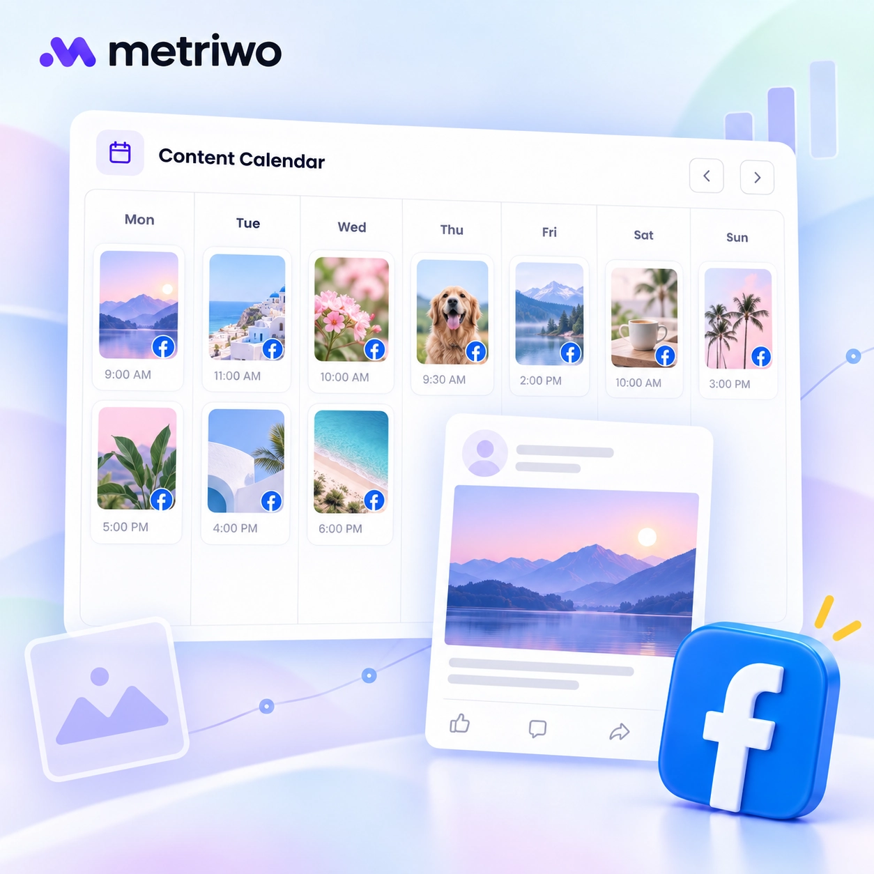 Illustrative Metriwo weekly content calendar with Facebook post thumbnails and a post preview.