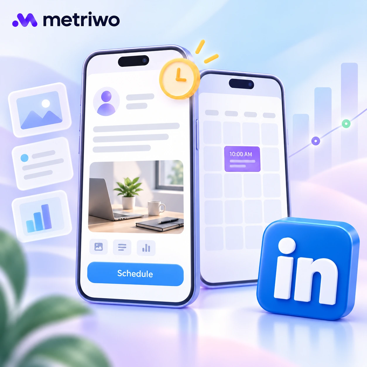 Two smartphones showing an illustrative LinkedIn post composer and scheduling calendar.