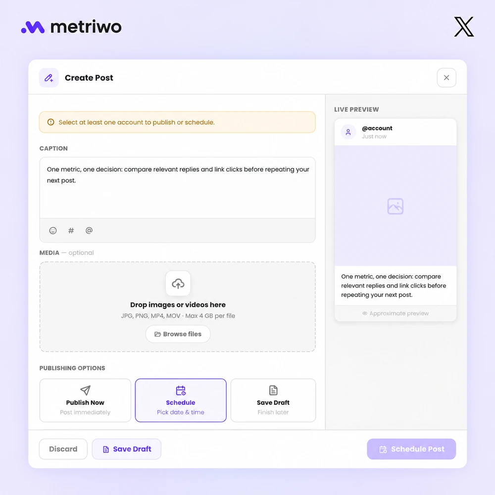 Metriwo post composer showing a sample caption, preview, and scheduling option before account selection.