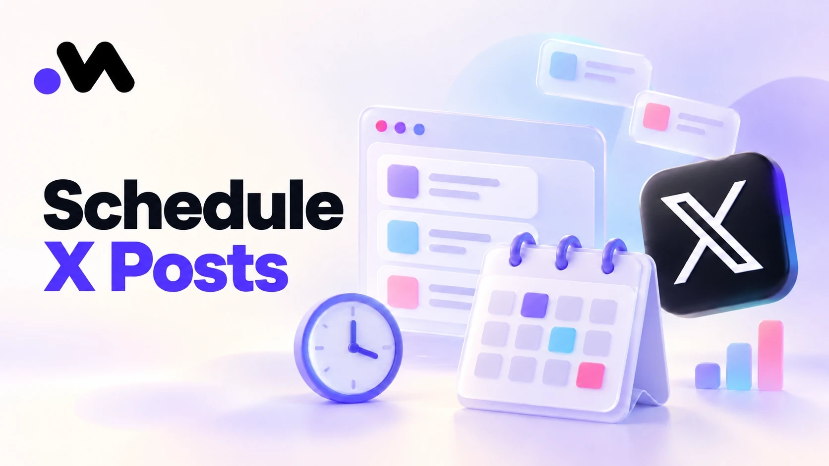 Illustration of a content calendar, clock, planned post cards, and the X logo on a pastel background.