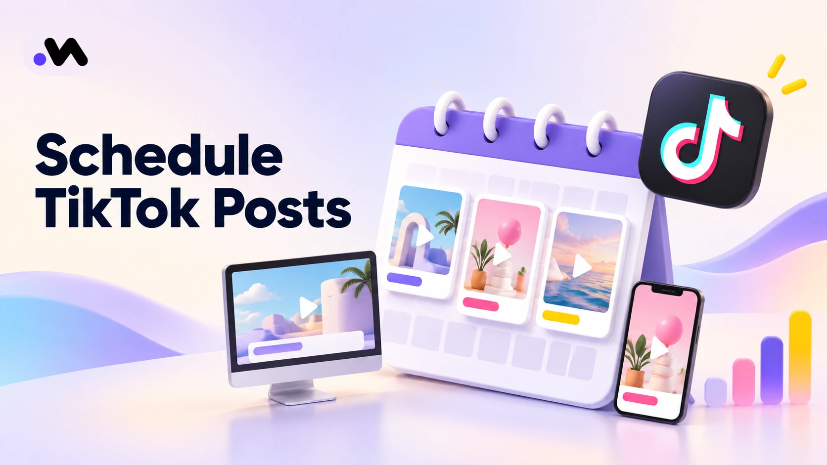 Illustration of a TikTok content calendar with video cards, a desktop monitor, and a mobile phone.