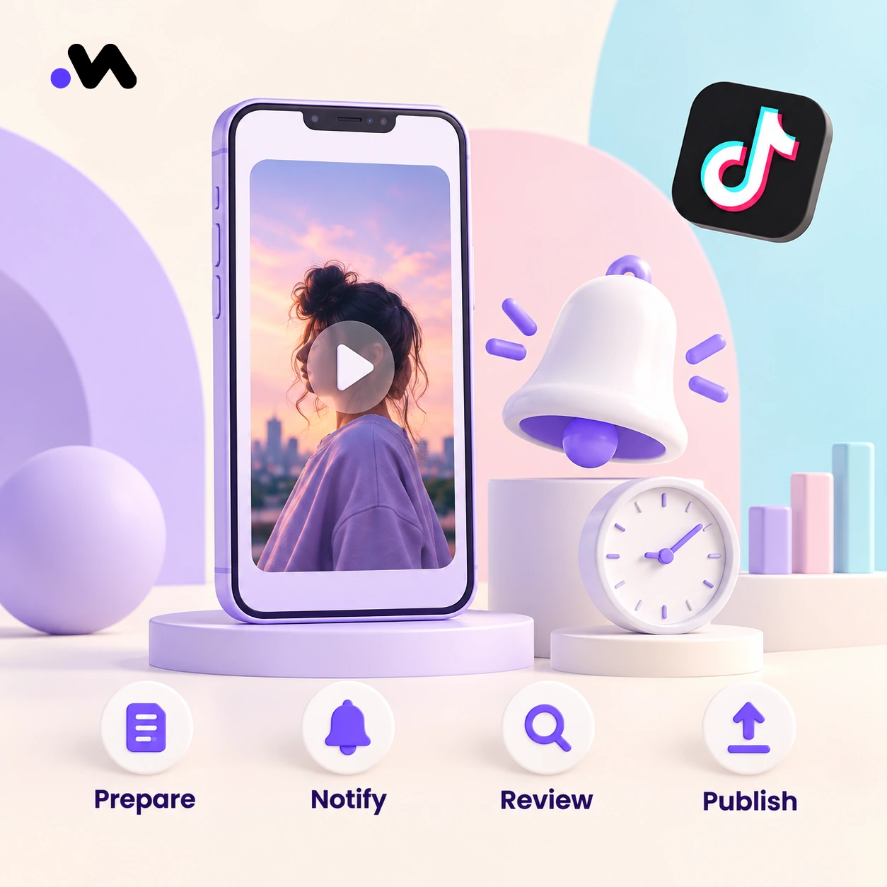 A phone, notification bell, and clock illustrating the prepare, notify, review, and publish stages for TikTok content.