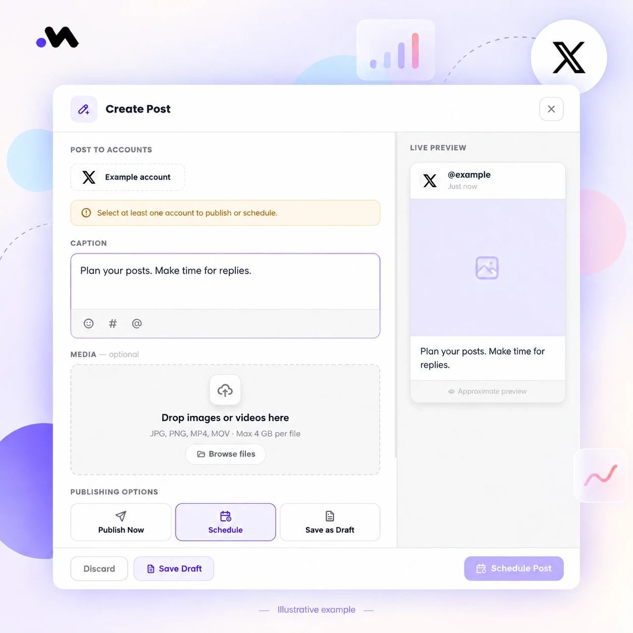 Illustrative Metriwo composer showing sample X post text, a media upload area, publishing options, and a post preview.