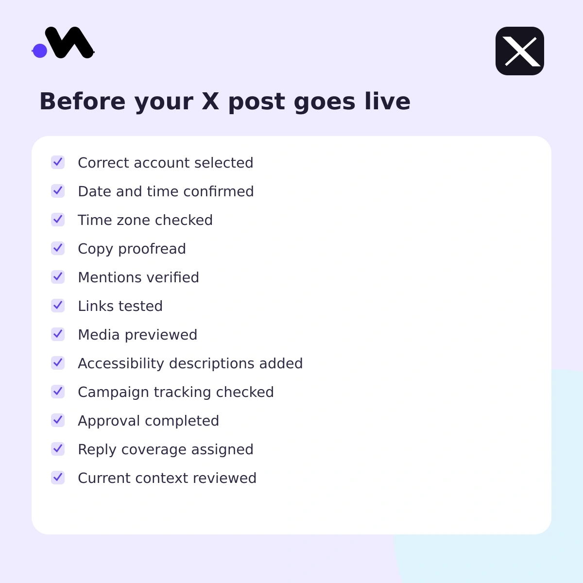X scheduling review card covering character limits, longer posts, dates, formats, time zones, and Direct Messages.